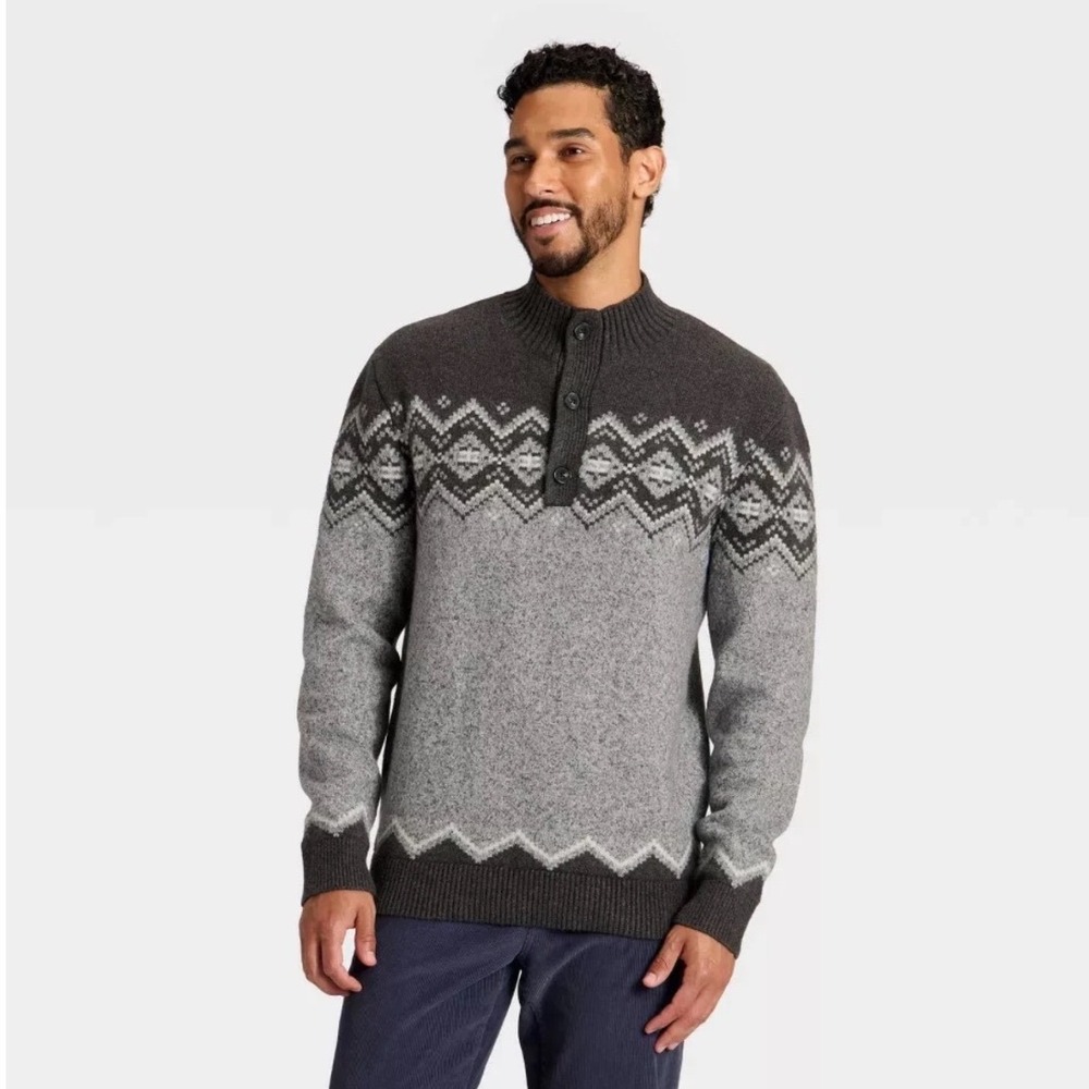 Goodfellow & Co Mens Gray Fair Isle Mock Neck Button Sweater XXL NWT